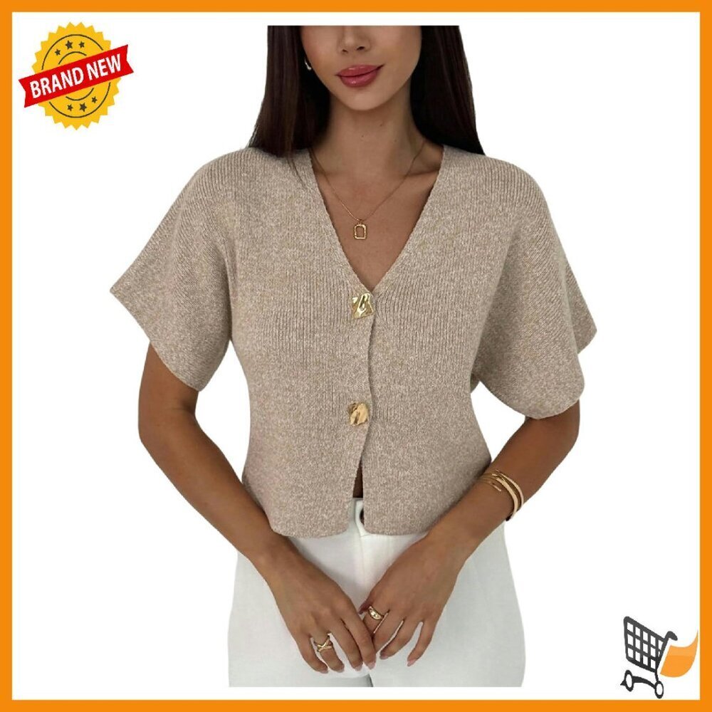 Women's Short Sleeve Cardigan V Neck Button Down Office Sweater